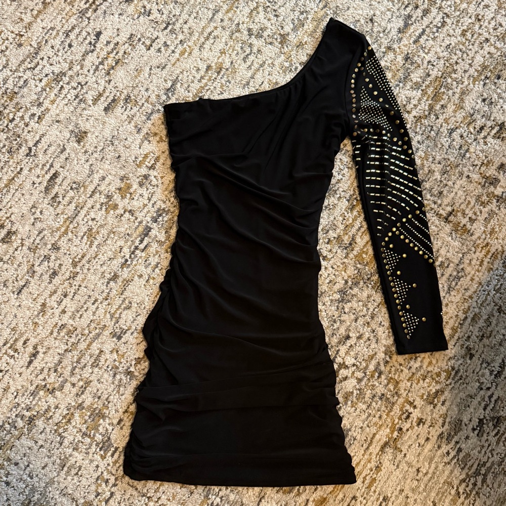 Black One-Shoulder Studded Long-Sleeve Dress